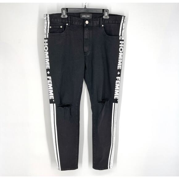 Homme + Femme NEW Skinny Distressed Jeans Mens Sz 40 Black White Logo Stripes - Picture 1 of 9